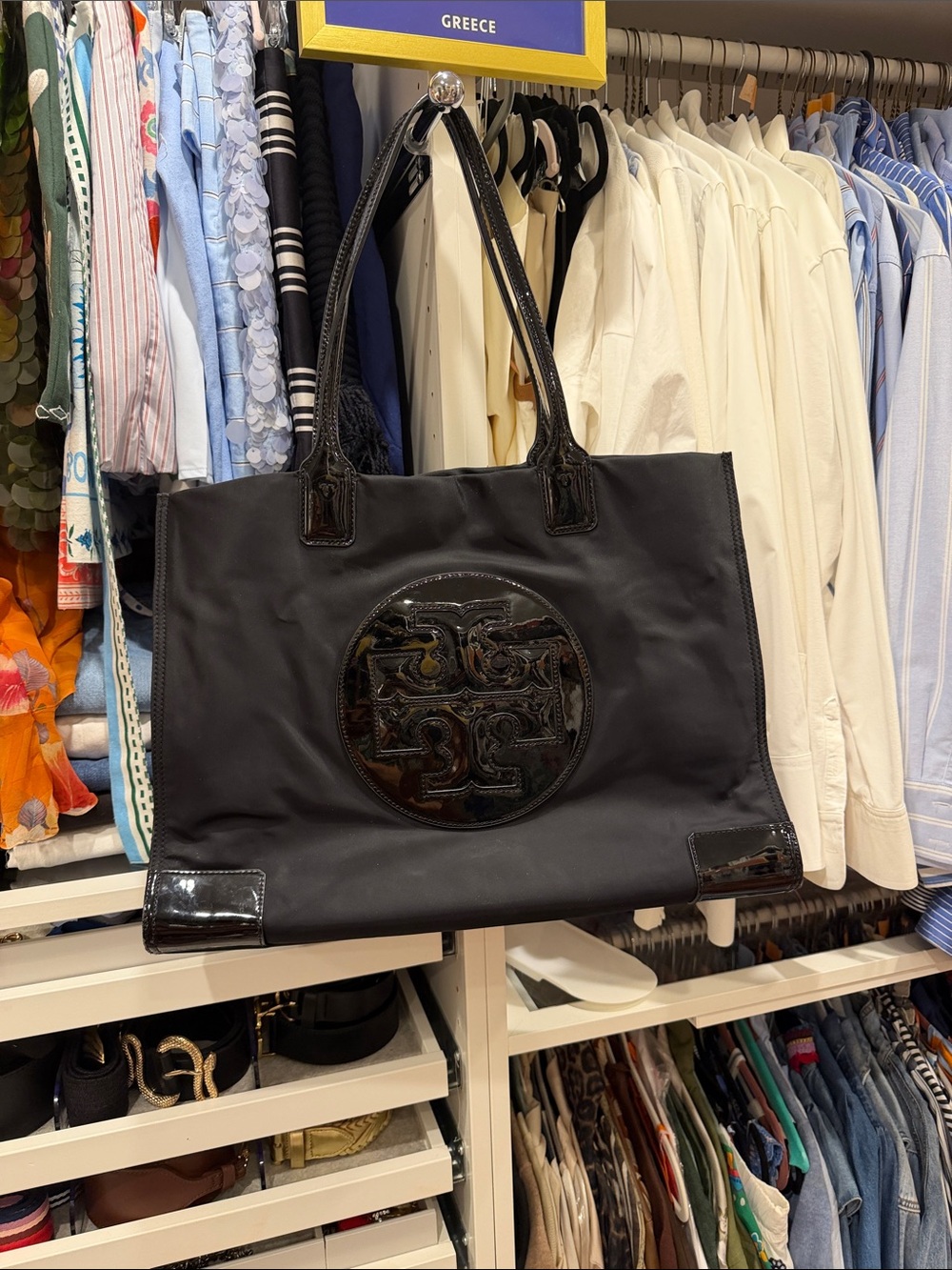 Tory Burch Black Nylon Tote with Patent Trim and Logo